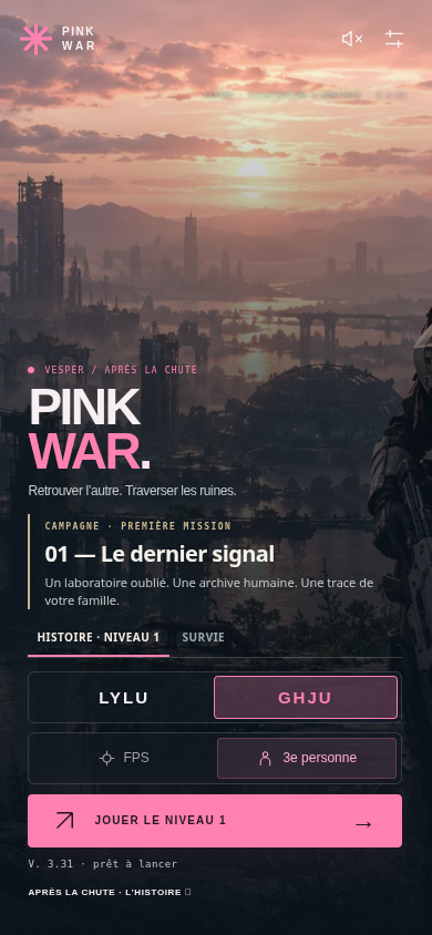 Accueil mobile Pink War avec choix du personnage, perspective et bouton Jouer le niveau 1