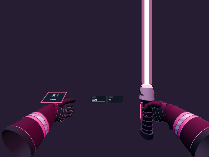 Sabre à énergie et bouton de saut au poignet, dans la simulation WebXR Quest